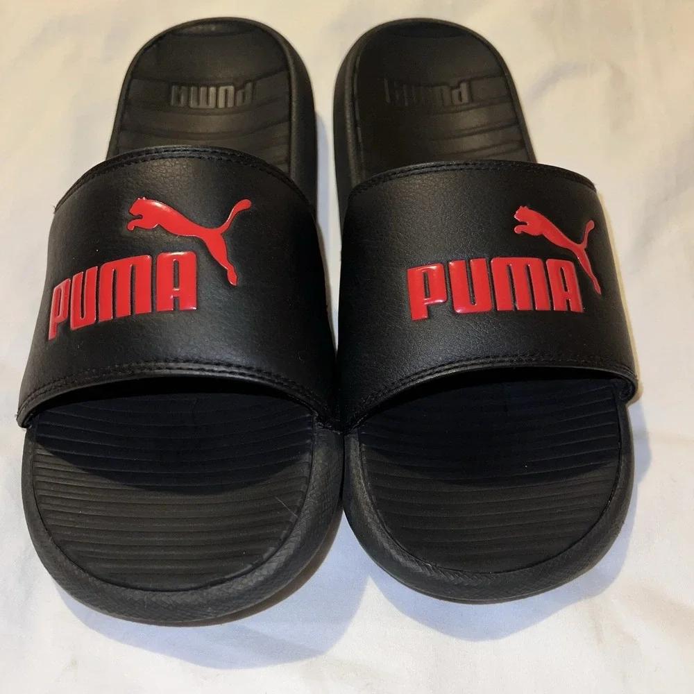 Puma Sandals Mens 9 Cool Cat Casual Slip On Flats Slides Black Red Faux Leather - Picture 1 of 9